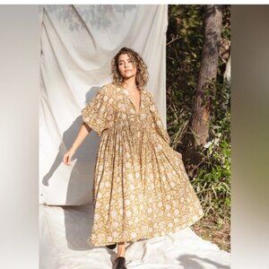 Daughters of India Mustard Floral Peasant midi dress